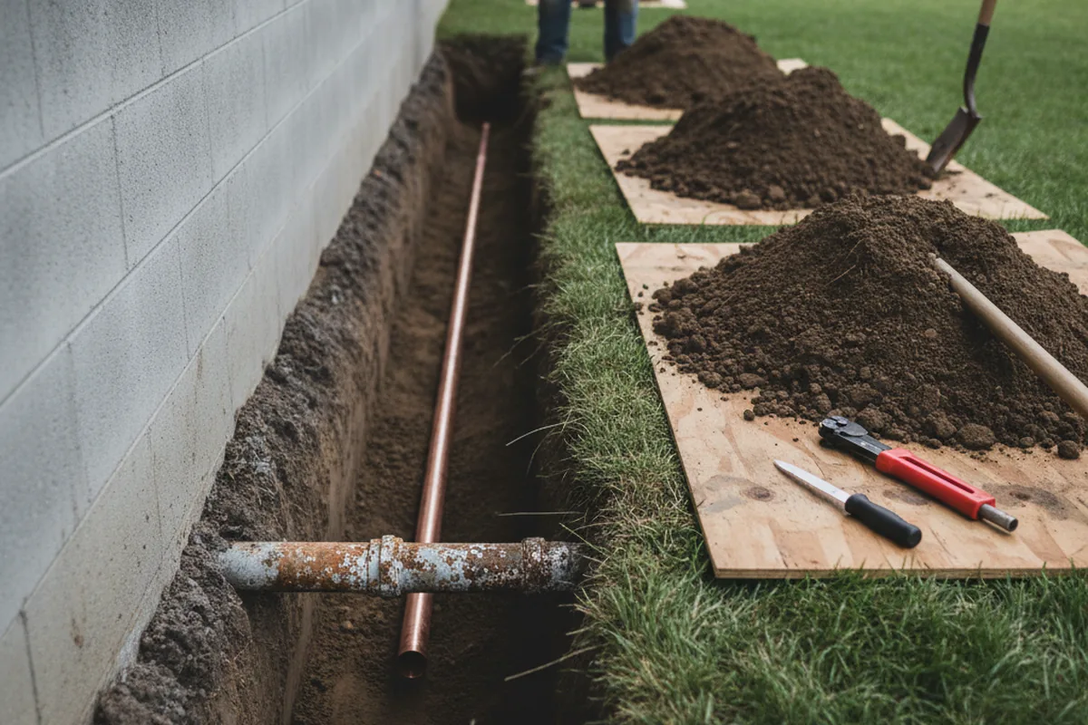 Excavated water line trench during Sewer Line Repair in South Pasadena